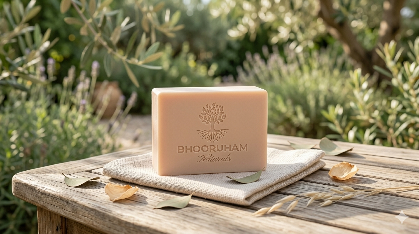 Handmade botanical soaps with herbs and flowers